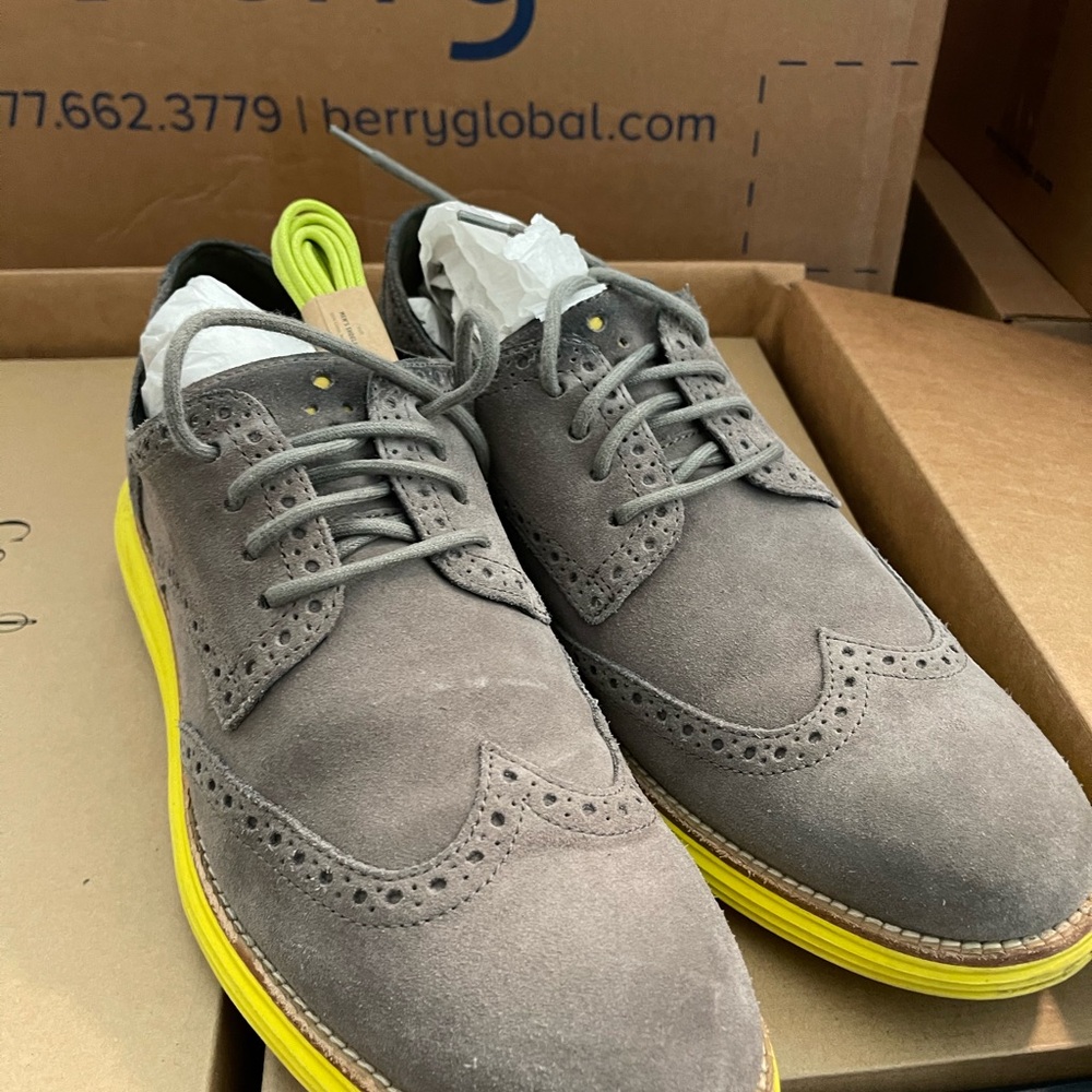 Men's Cole Haan Lunar Grand Gray Suede Wingtip Oxford with Yellow Sole